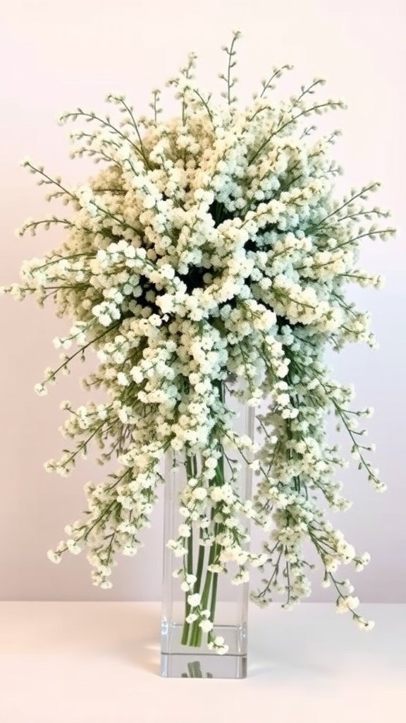 A tall vase filled with cascading baby's breath flowers.