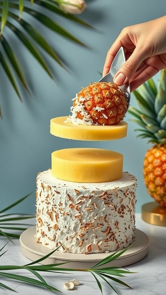Layered luau cake with coconut and pineapple decorations