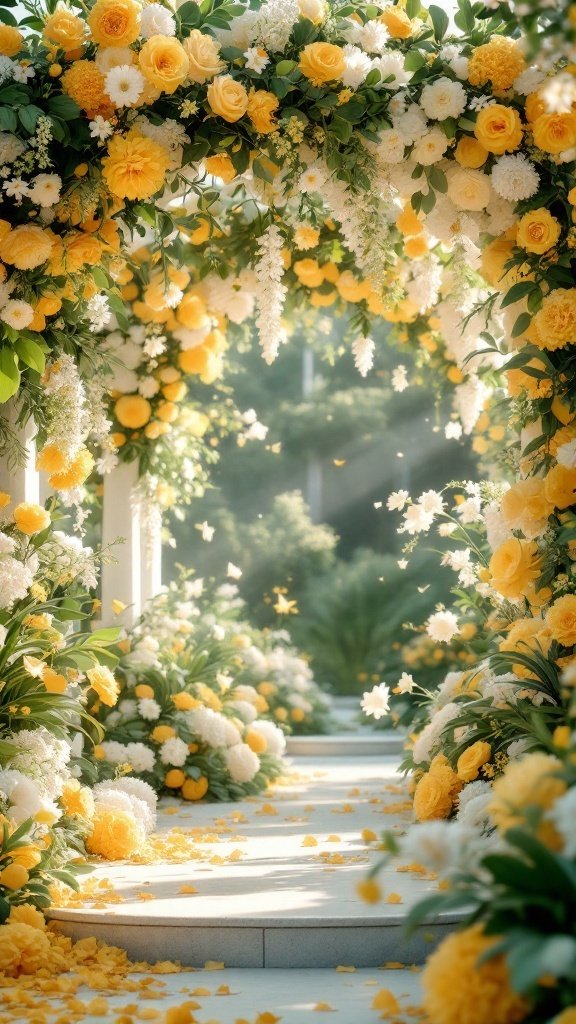 A beautiful wedding arch adorned with yellow and white flowers, leading down a flower-strewn pathway.