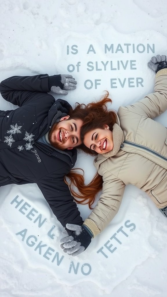 A couple making snow angels in the snow, smiling and holding hands.