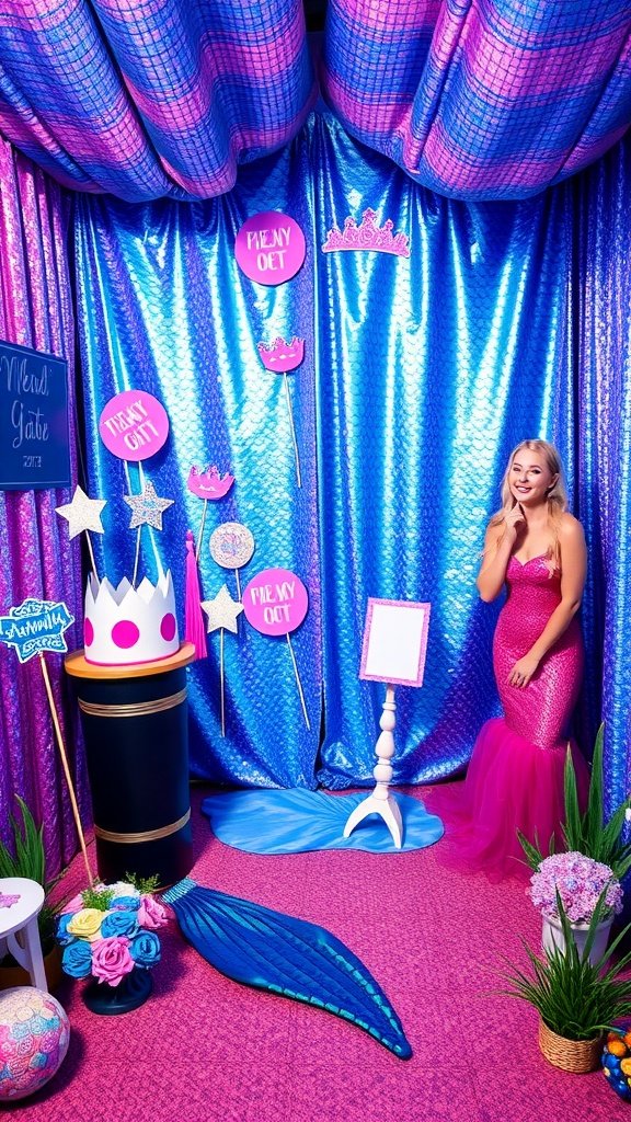 A colorful mermaid-themed photo booth with shimmering backdrops, props, and a guest in a pink mermaid dress.