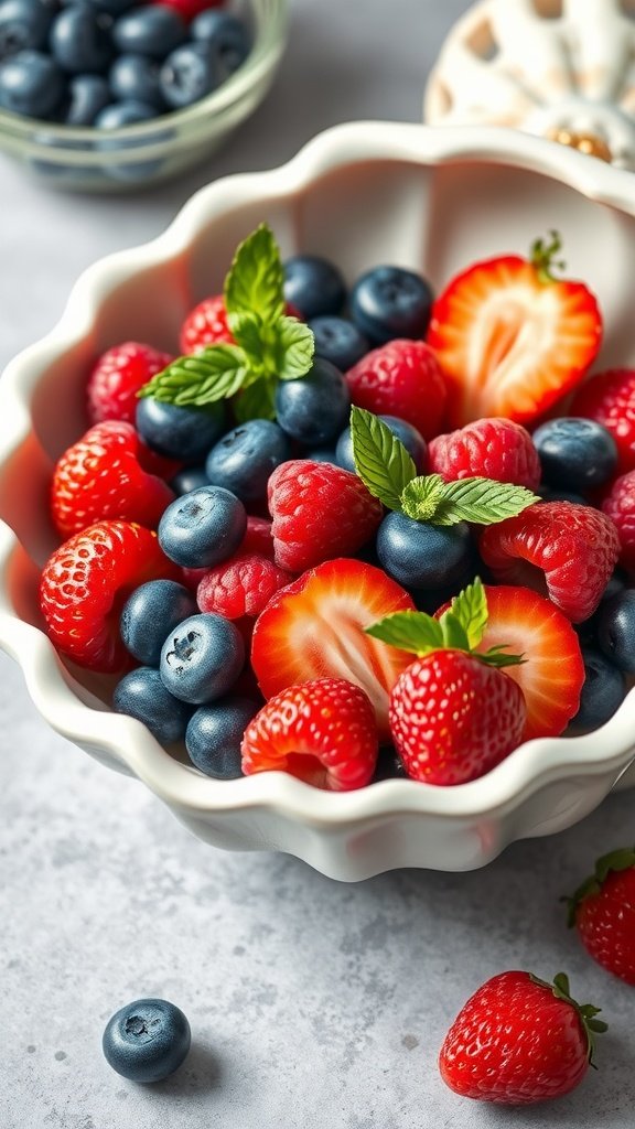 A vibrant bowl of mixed berries including strawberries, blueberries, and raspberries garnished with mint leaves.