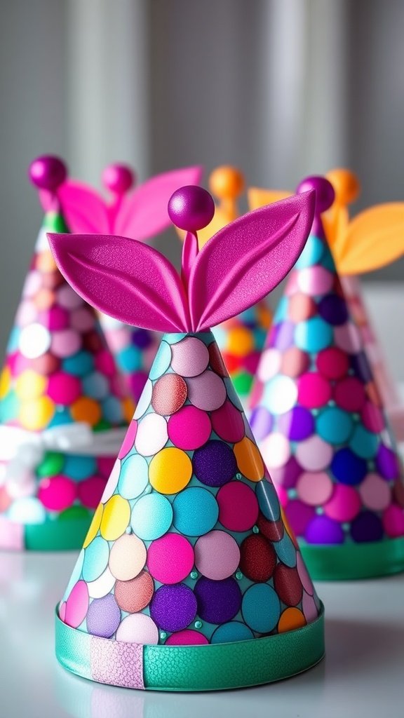 Colorful mermaid fin party hats with shiny dots and leaf designs