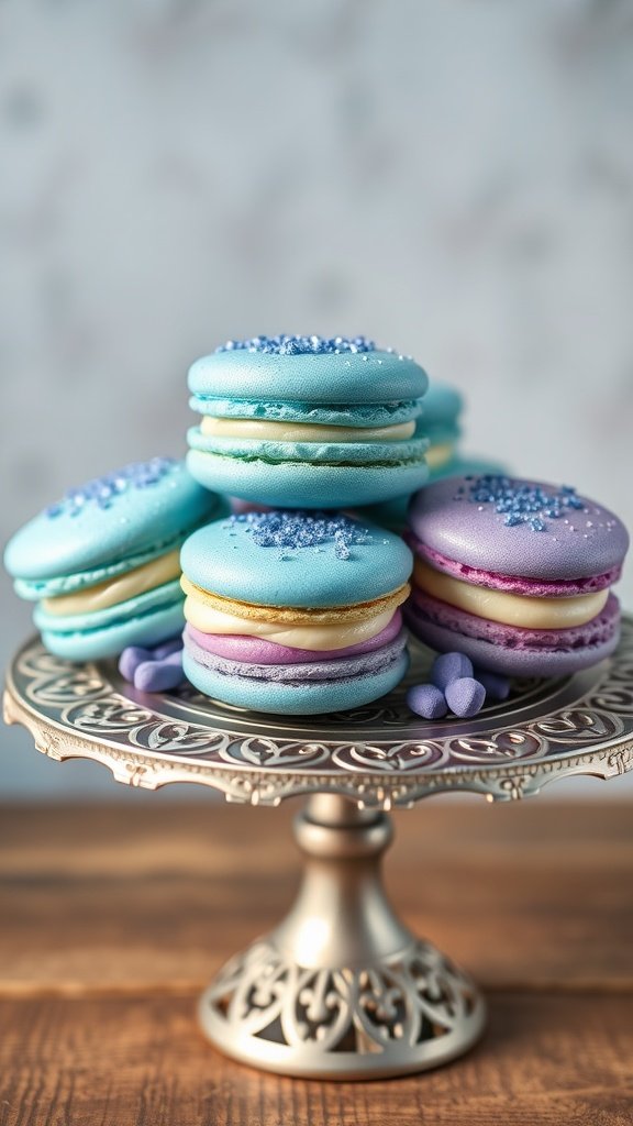 Colorful mermaid macarons stacked on a decorative stand