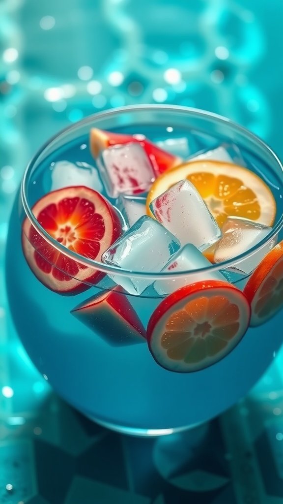 A vibrant bowl of mermaid punch garnished with citrus slices and ice.