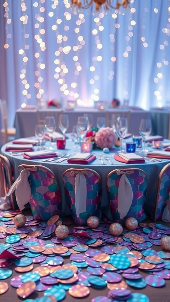 Colorful mermaid scale confetti scattered on a table at a party