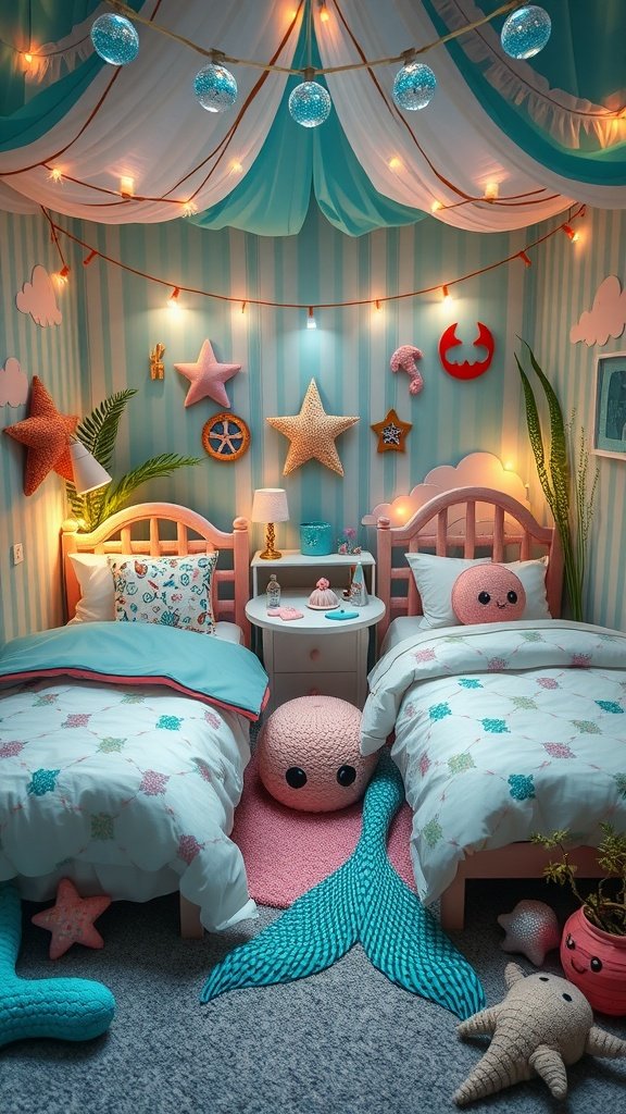 A vibrant bedroom decorated for a mermaid-themed slumber party with two beds, plush toys, and twinkling lights.