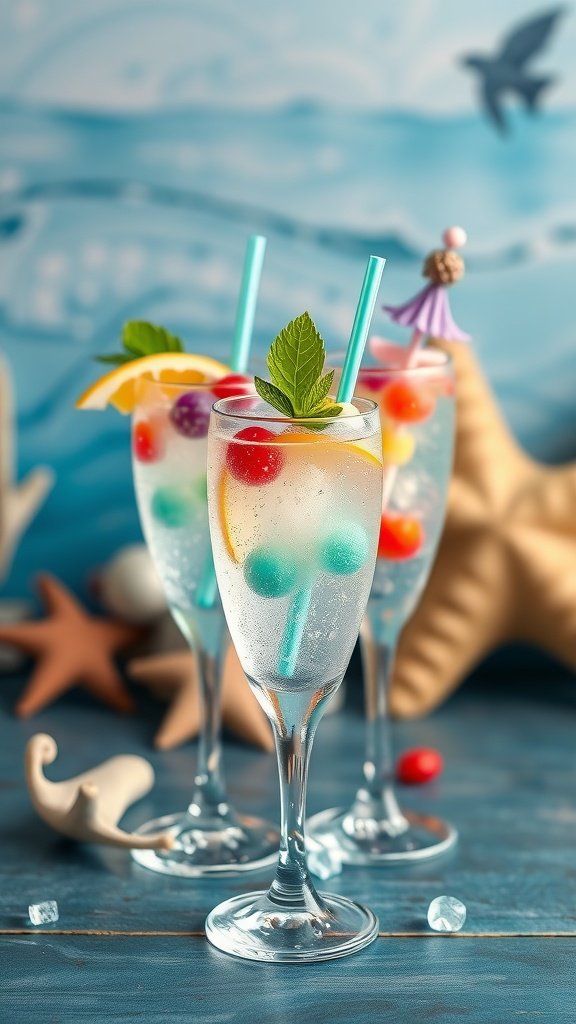 Refreshing mermaid-themed fruity drink with sparkling water and assorted fruits.