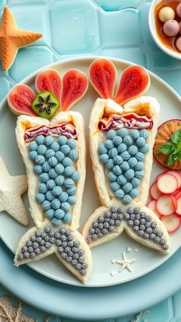 Colorful mermaid tail sandwiches decorated with candy pearls and fresh vegetables.