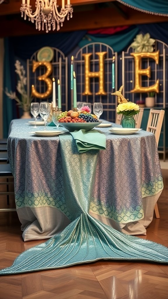 A table decorated with a mermaid tail tablecloth, featuring a fruit bowl and elegant candles, set for a party.