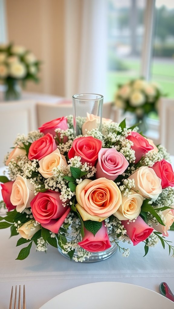 A vibrant mixed flower arrangement featuring pink and cream roses along with baby’s breath, set in a glass vase.