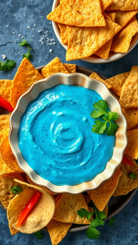 A vibrant blue dip surrounded by tortilla chips, garnished with cilantro.