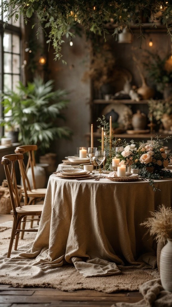 A beautifully set wedding table with earthy tones, natural textures, and soft flowers, creating a warm and inviting atmosphere.
