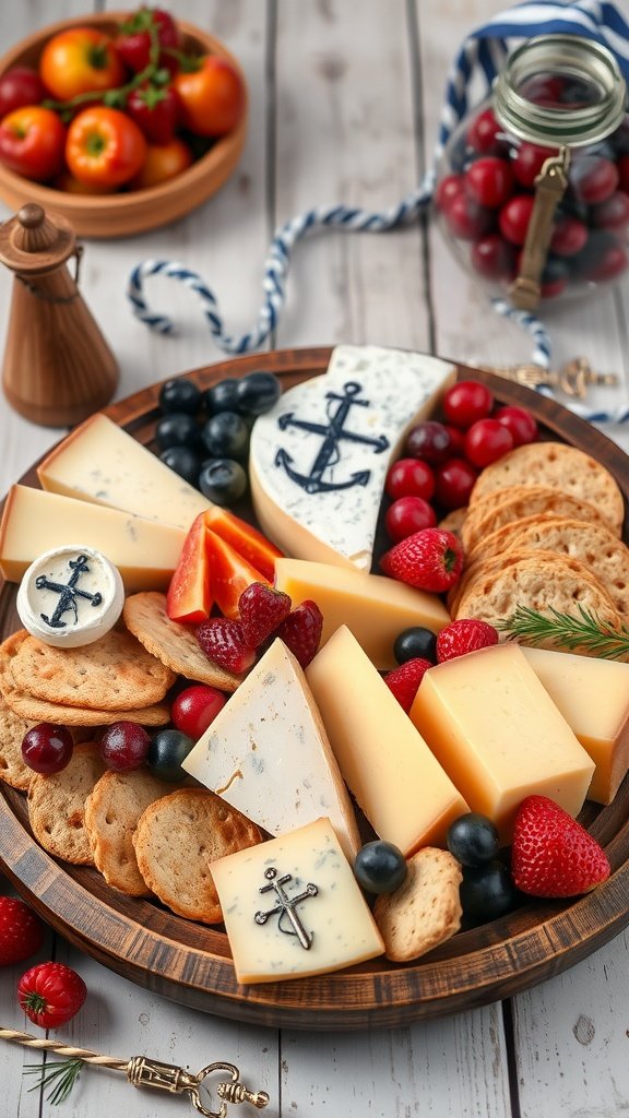 A beautifully arranged nautical cheese platter featuring various cheeses, fruits, and crackers.