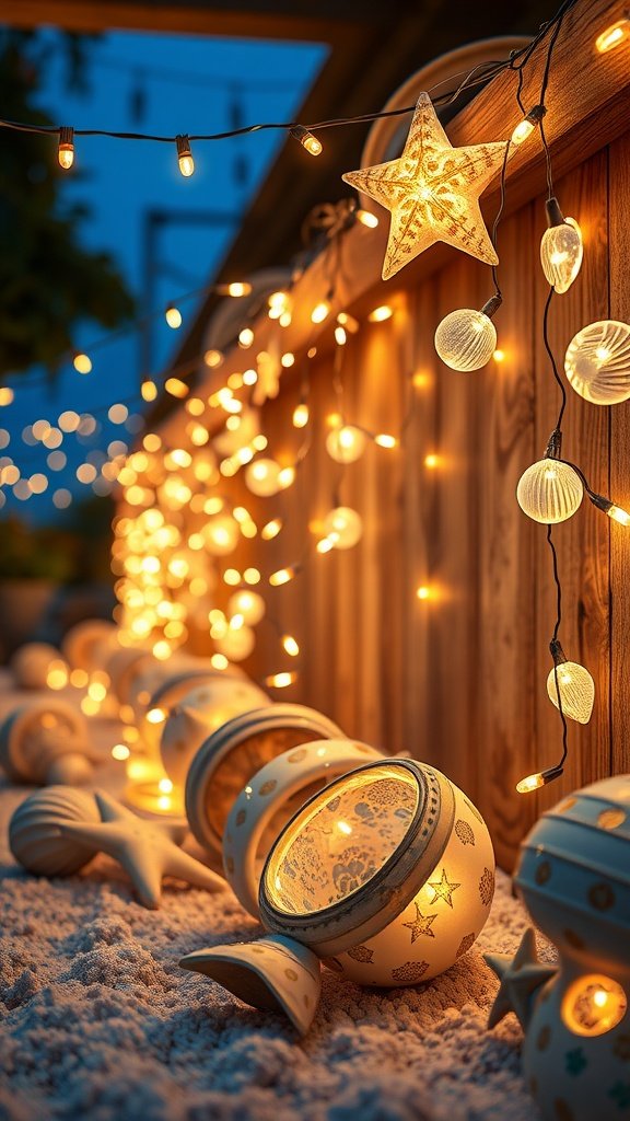 Nautical string lights with seashells and starfish decorations