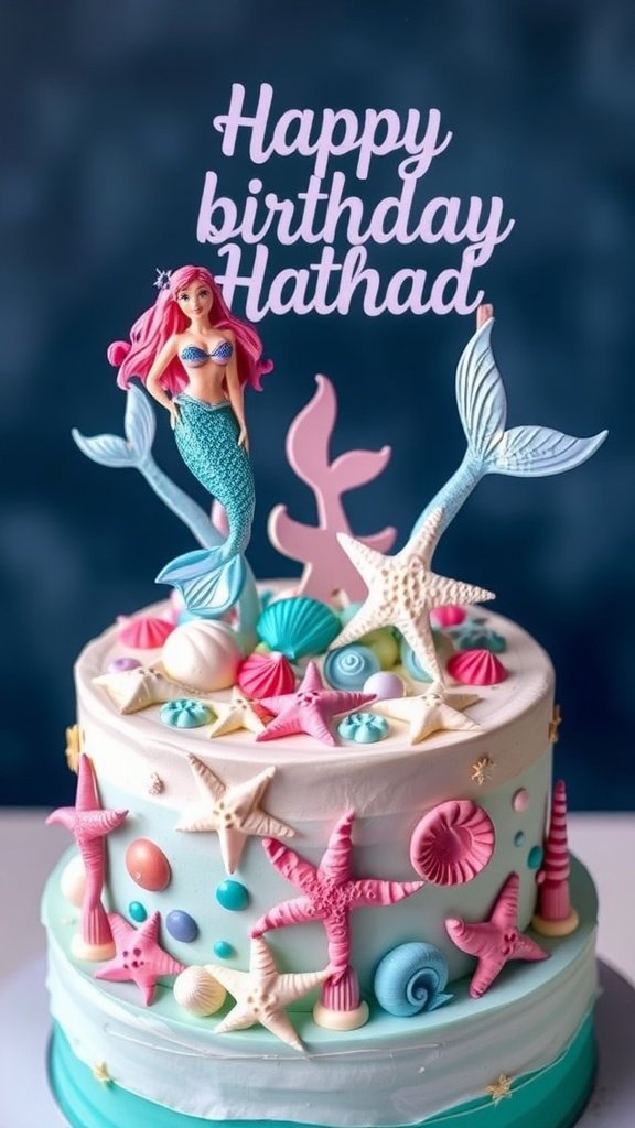 A beautifully decorated birthday cake featuring a mermaid figurine, seashells, and a 'Happy Birthday' sign, all set against a blue ocean-inspired backdrop.