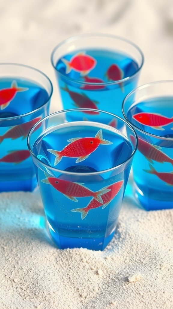 Blue Jello cups with gummy fish for a mermaid party