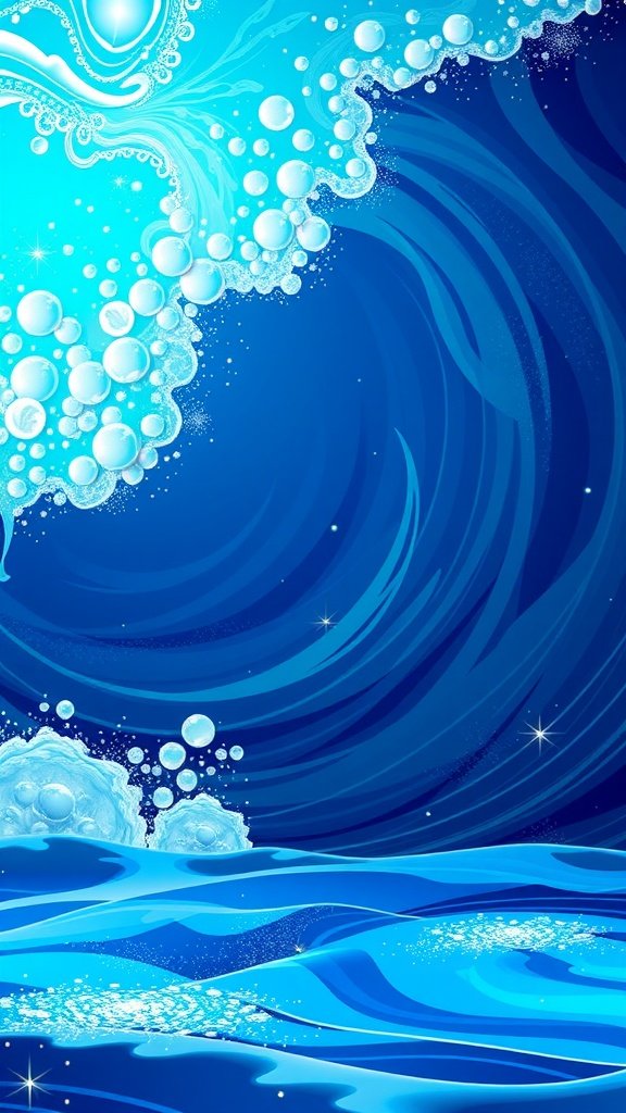 An artistic ocean wave backdrop featuring varying shades of blue, bubbles, and sparkling stars