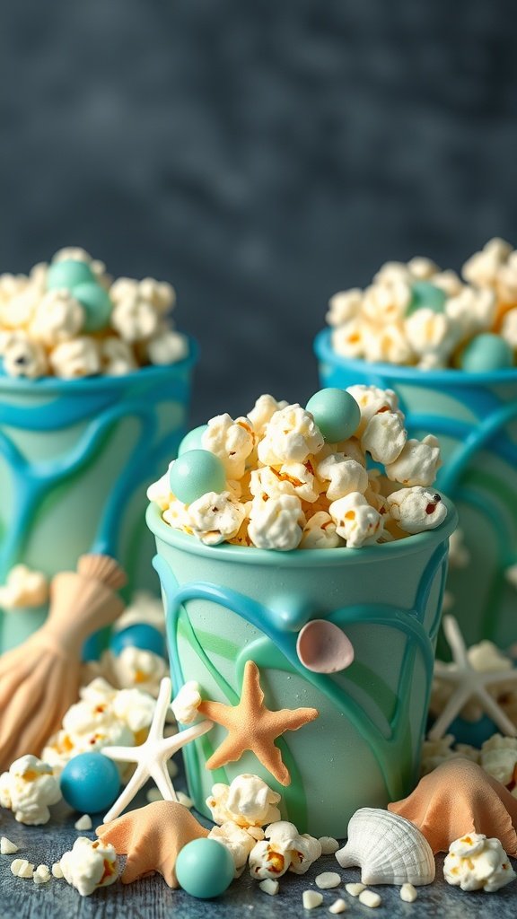 Colorful popcorn in ocean-themed cups with seashells and candies