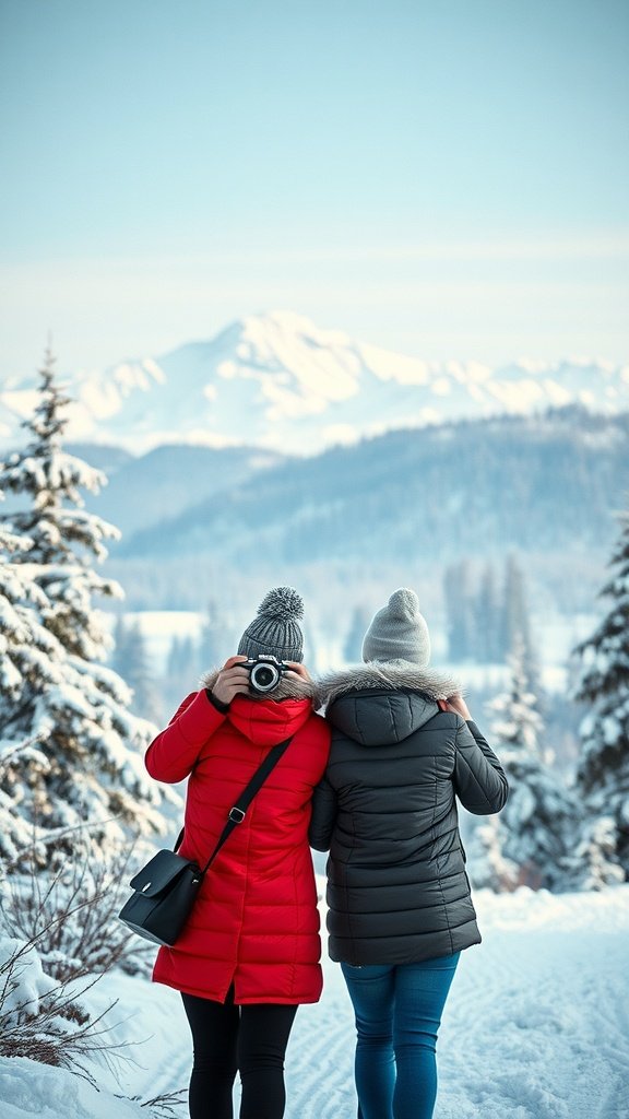 Two women enjoying a winter photography walk in snowy scenery.