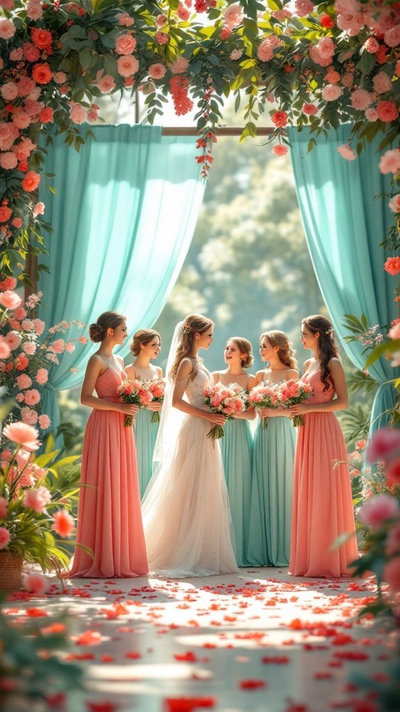 Bridesmaids in coral and aqua dresses at a spring wedding with floral decorations