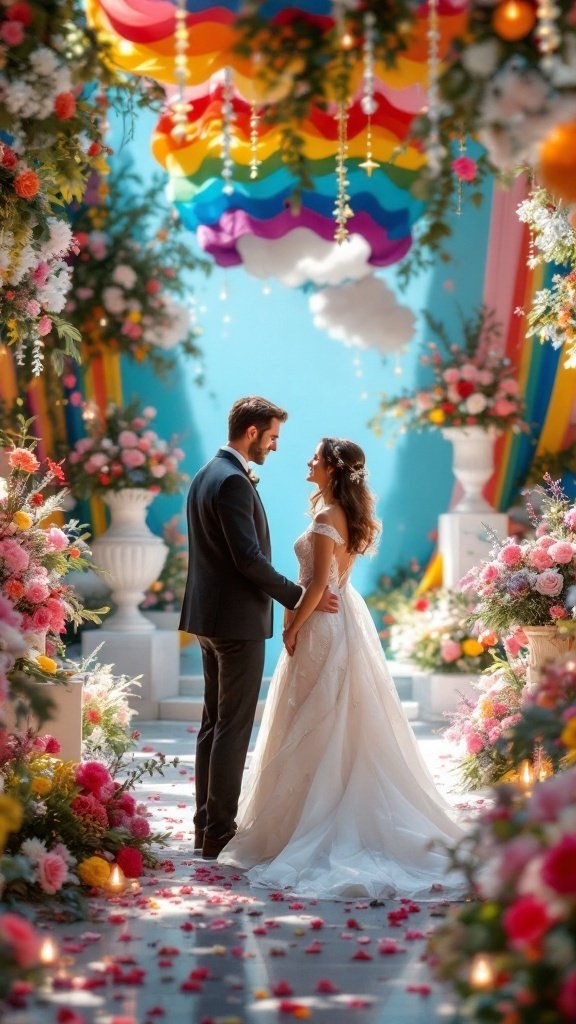 A couple stands together in a vibrant wedding setting featuring colorful flowers and rainbow decorations.