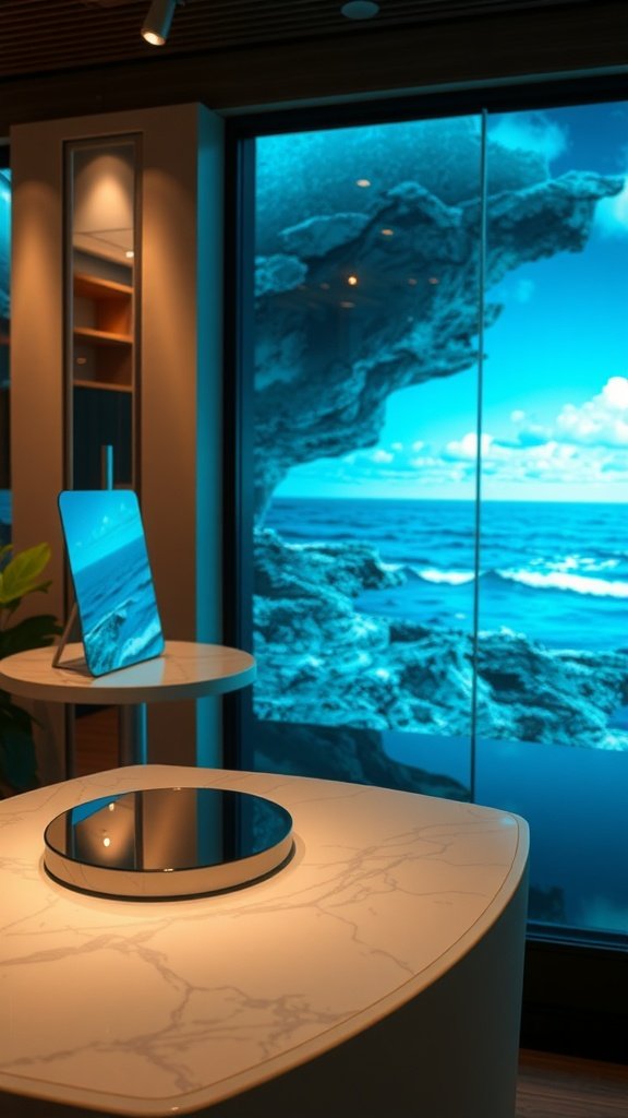 A modern table with a round mirror on top, reflecting ocean-themed decor and scenery.