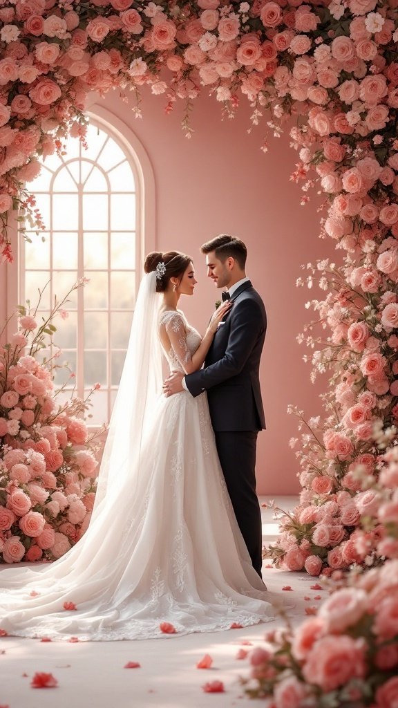 A couple embracing in a dreamy setting adorned with dusty rose flowers, representing romantic spring wedding colors.