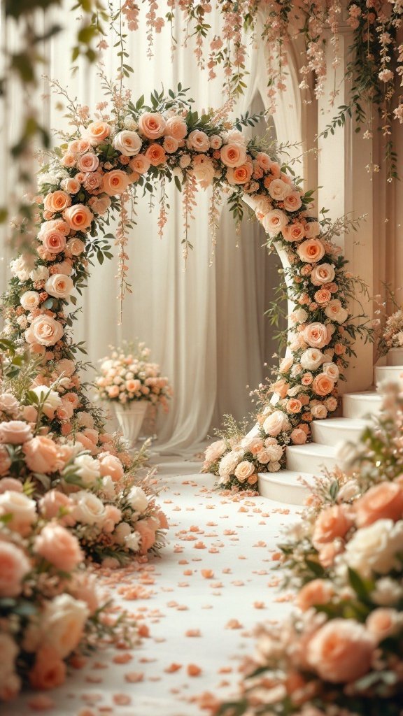 A floral arch decorated with peach and cream roses, with petals scattered on the ground, set for a spring wedding.