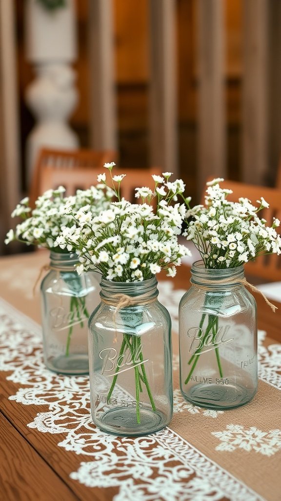 Three mason jars filled with baby’s breath flowers on a wooden table, surrounded by lace and burlap.