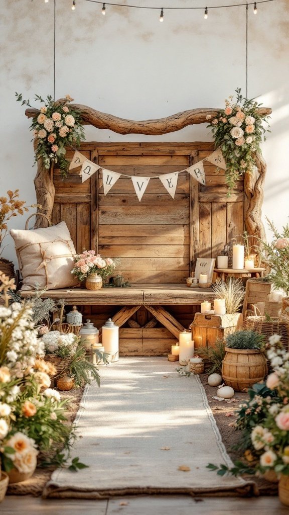A rustic wedding setup with a wooden backdrop, floral arrangements, candles, and a soft color scheme.