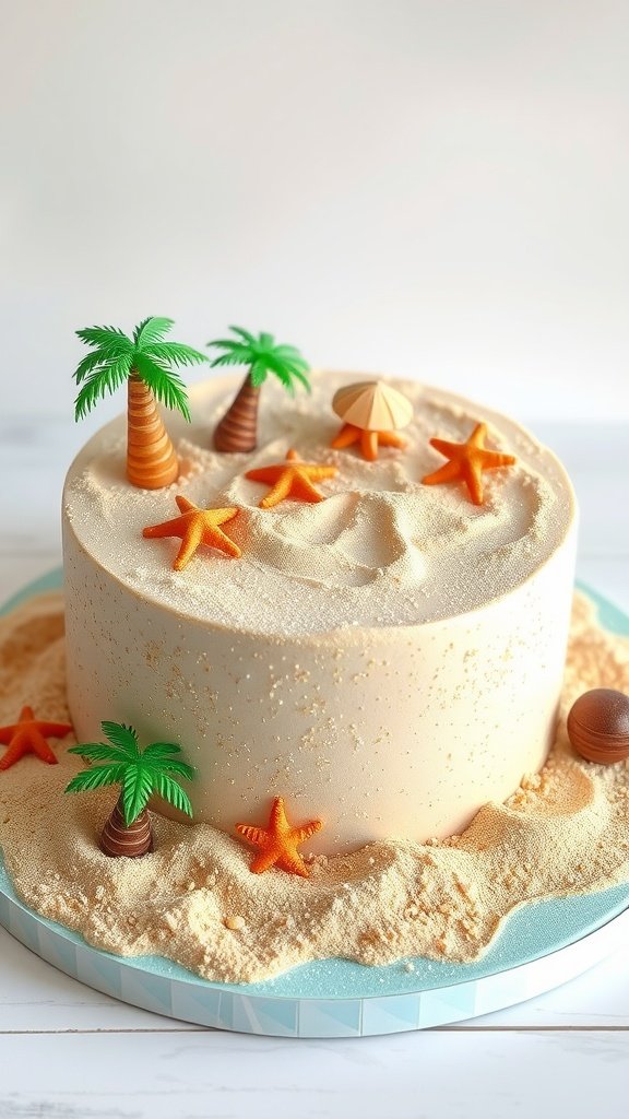 A sandy beach themed cake decorated with palm trees and starfish.