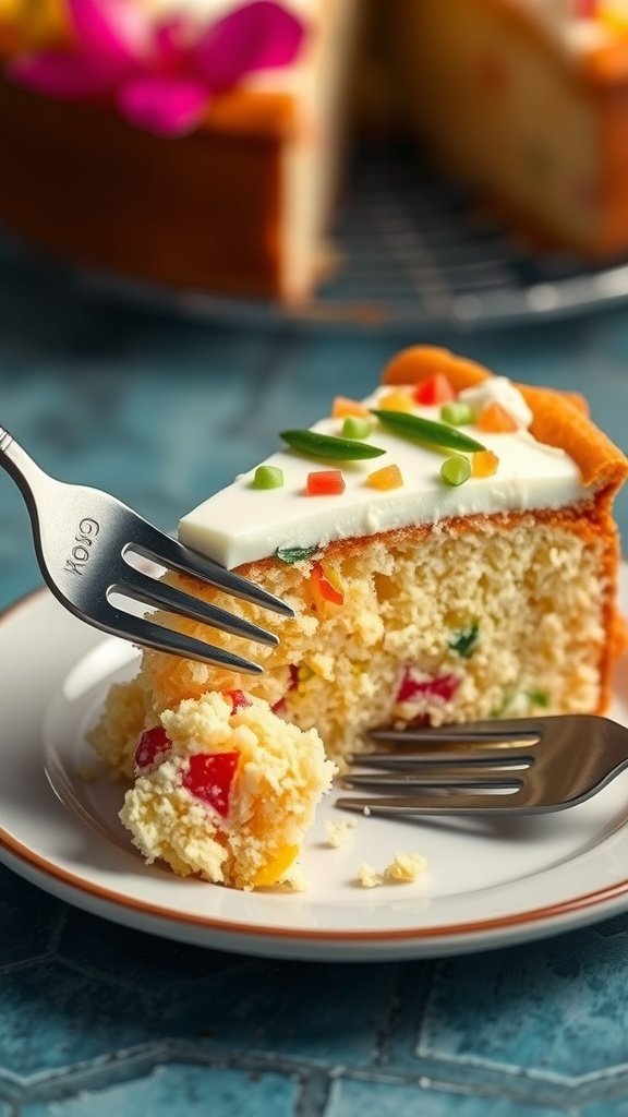 A slice of luau cake on a plate with decorative toppings