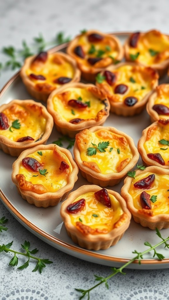 A plate of savory quiche bites garnished with herbs.