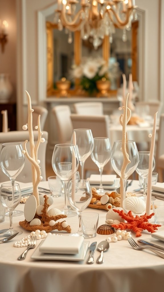 A beautifully decorated table featuring seashell centerpieces with coral, shells, and elegant glassware, perfect for a mermaid-themed party.