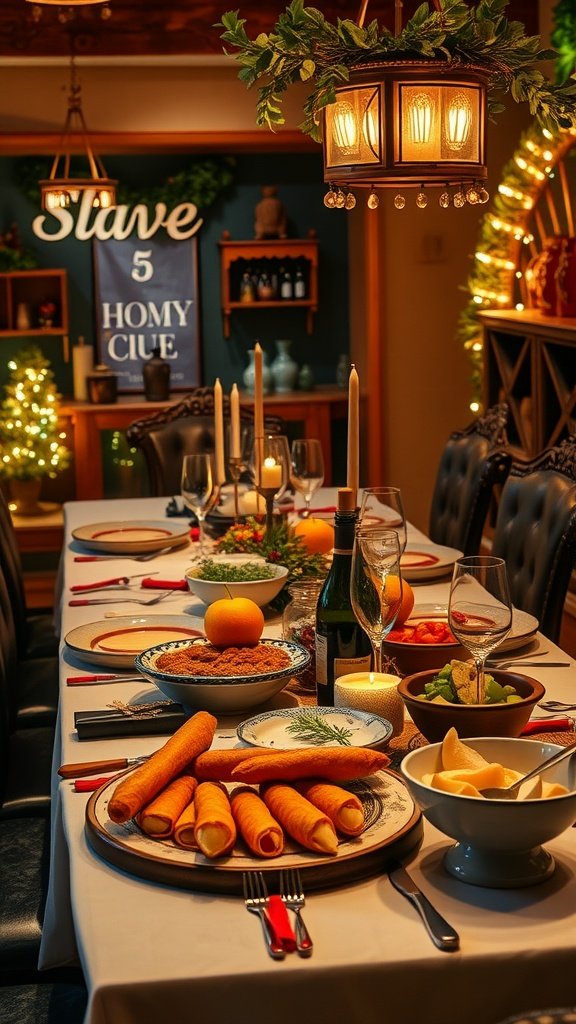A beautifully decorated dining table with warm lighting, featuring various dishes and seasonal decor.