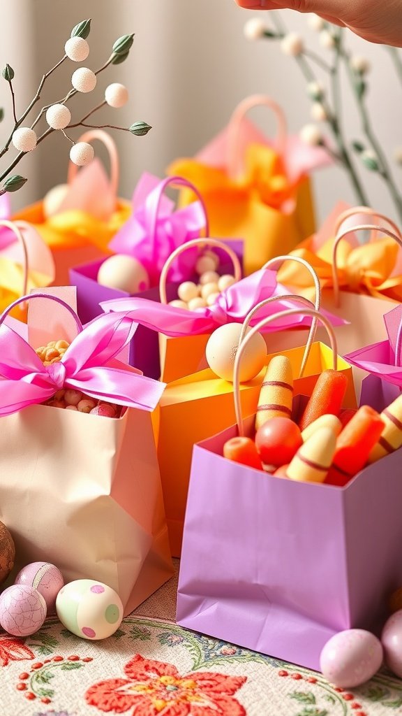 Colorful gift bags filled with Easter treats, displayed on a table with decorative elements.