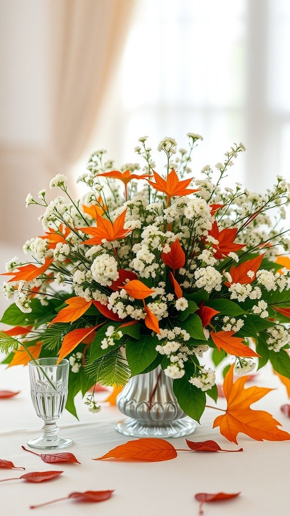A wedding center piece featuring baby's breath and orange leaves in a silver vase.