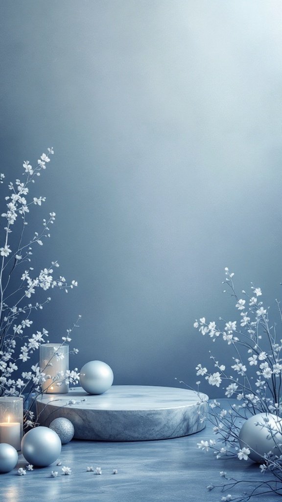 A serene blue and grey wedding setting with flowers and candles