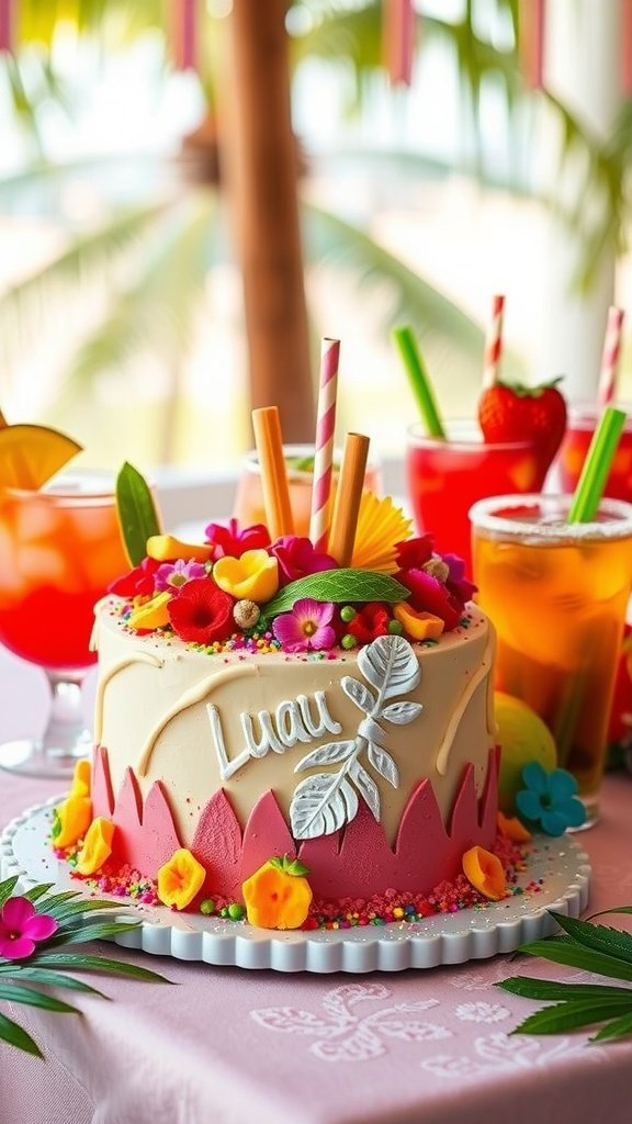 A beautifully decorated luau cake with vibrant colors and tropical drinks in the background.