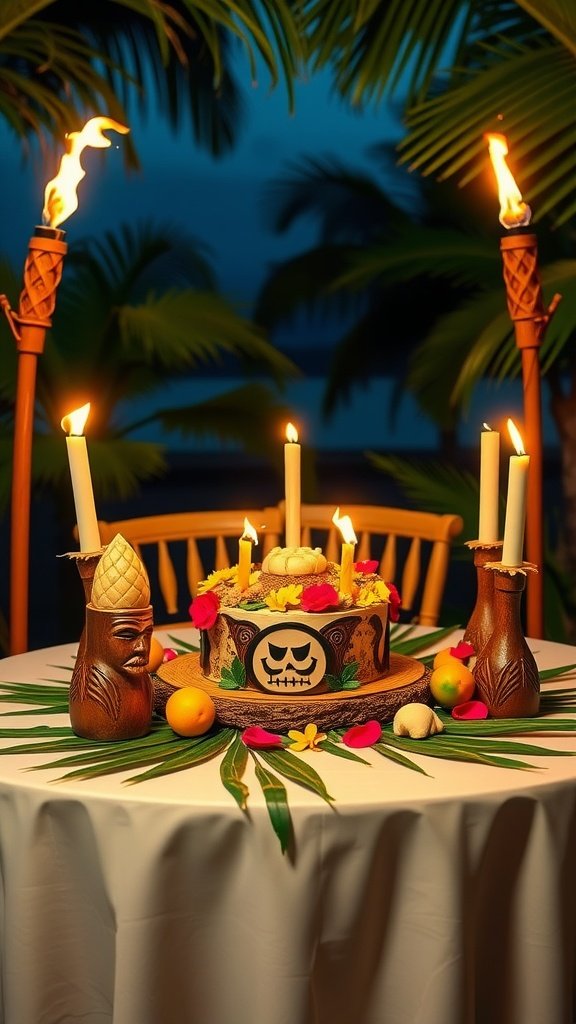 A beautifully set table for a luau cake, adorned with candles and tropical decorations.