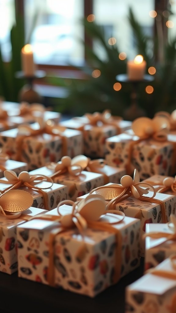 A collection of beautifully wrapped party favor boxes with shells and ribbons, perfect for a mermaid-themed celebration.
