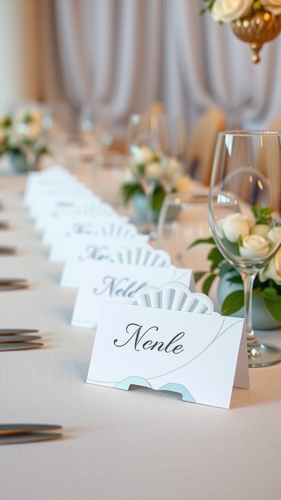 Shell-shaped place cards arranged on a dining table for a mermaid-themed party