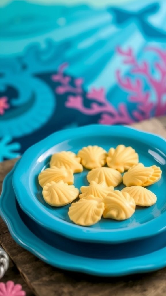 Shell-shaped cheese crackers on a blue plate, perfect for a mermaid party.