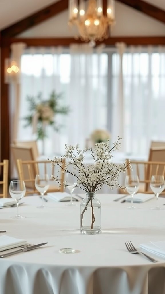 A simple wedding table setting featuring a vase of baby's breath flowers.