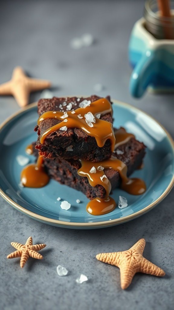 Delicious sea salt caramel brownies on a blue plate, garnished with caramel sauce and sea salt. Mermaid party food