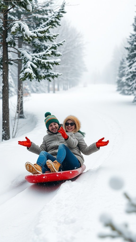 A couple sledding down a snowy hill with smiles, surrounded by snow-covered trees. Winter Date Ideas