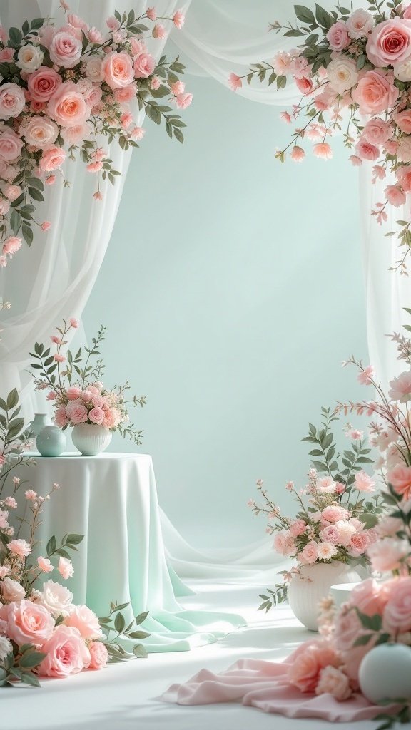 A wedding setup featuring soft blush roses and mint green elements.