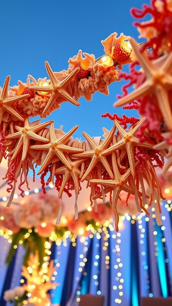 A colorful garland made of starfish and coral decorations, enhancing the mermaid party theme.
