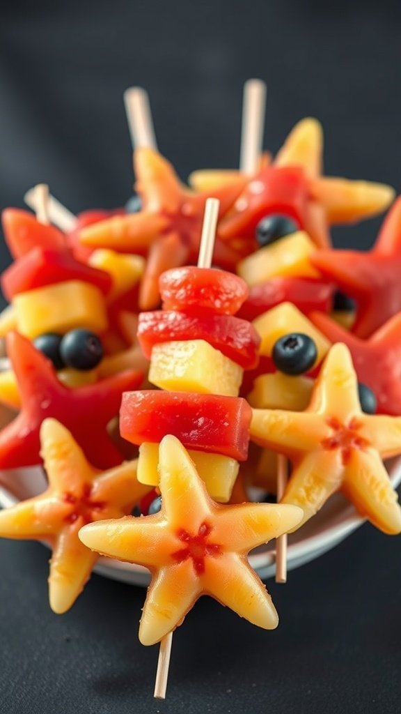 Colorful fruit skewers shaped like starfish, featuring pineapple, watermelon, and bell peppers.